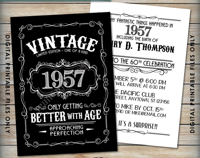 Vintage Birthday Invitation, Aged to Perfection Birthday Invite, Better with Age, Whiskey Theme Party, 5x7” Black & White PRINTABLE Files