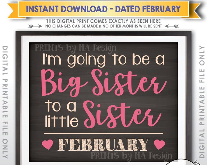 I'm Going to be a Big Sister to a Sister in FEBRUARY, It's a Girl Announcement, PRINTABLE 16x20” Chalkboard Style Gender Reveal Sign <ID>