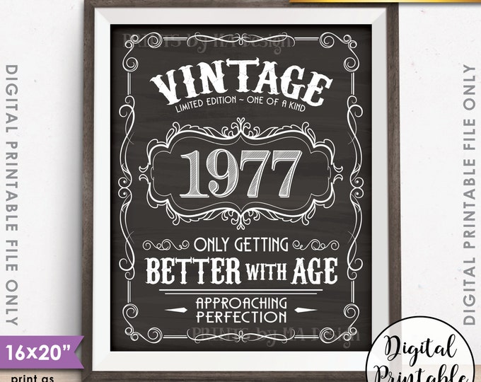 1977 Birthday Sign, Better with Age Vintage Birthday, 40th Sign, Aged to Perfection, 8x10/16x20” Chalkboard Style Printable Instant Download