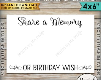 Share a Memory or Birthday Wish, Share a Memory Card,  Please Leave a Memory, Wishes Birthday Party Decor, 4x6" Printable Instant Download