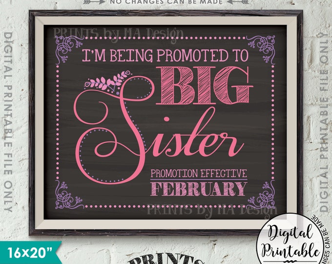 Promoted to Big Sister Pregnancy Announcement, Big Sis to Baby #2 due in FEBRUARY Dated Chalkboard Style PRINTABLE Baby Reveal Sign <ID>