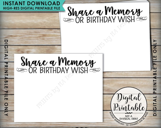 Share a Memory Card, Share Memories or a Birthday Wish, Write a Memory, Birthday Party Activity, Birthday 8.5x11" Printable Instant Download