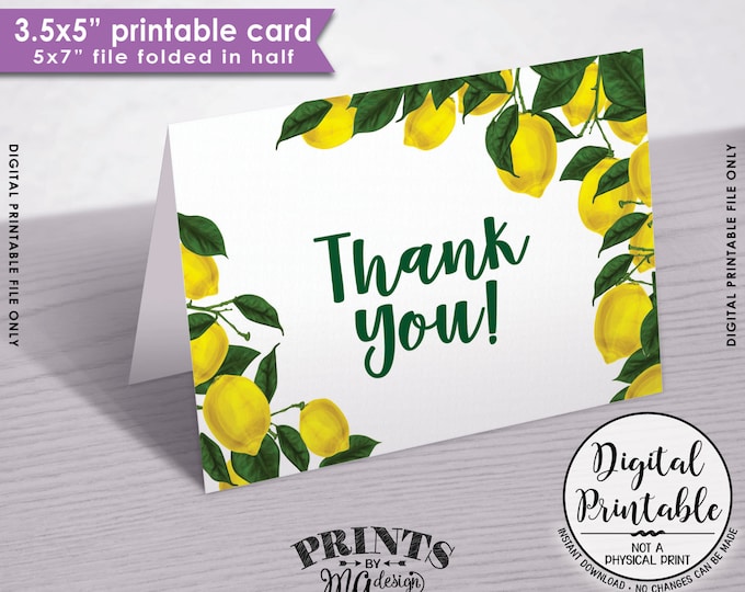 Lemon Thank You Card, Lemon Themed Tuscan Garden Party, Tropical Summer Lemons, Italy, 3.5x5" folded card, PRINTABLE 5x7" Card <ID>