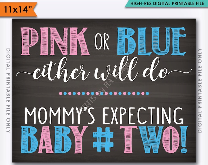 Pink or Blue Either Will Do Second Child Sign, Baby Number 2 Announcement Photo Prop, Baby #2, 11x14" Instant Download Digital Printable