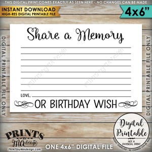 Share a Memory or Birthday Wish, Share a Memory Card, Please Leave a Memory, Wishes Birthday Party Decor, 4x6 Printable Instant Download image 1