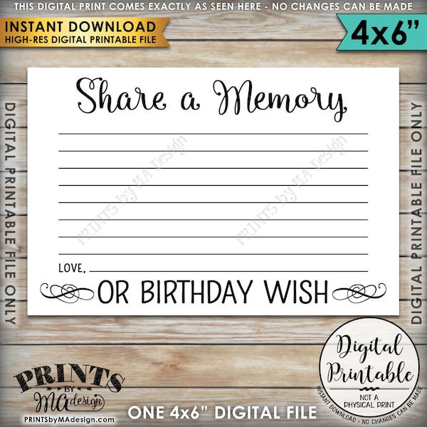 Share a Memory or Birthday Wish, Share a Memory Card,  Please Leave a Memory, Wishes Birthday Party Decor, 4x6" Printable Instant Download