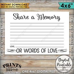Deel een geheugenkaart, deel herinneringen, schrijf een herinnering, laat een herinnering achter, Memorial Card, afstuderen, 4x6" afdrukbare Instant Download
