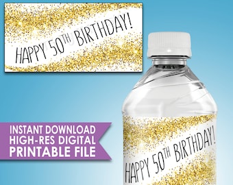 50th Birthday Water Bottle Labels Gold Glitter 50th Birthday Party Decoration, Five labels per 8.5x11” Sheet Instant Download PRINTABLE File