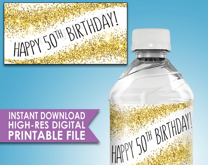 50th Birthday Water Bottle Labels Gold Glitter 50th Birthday Party Decoration, Five labels per 8.5x11” Sheet Instant Download PRINTABLE File