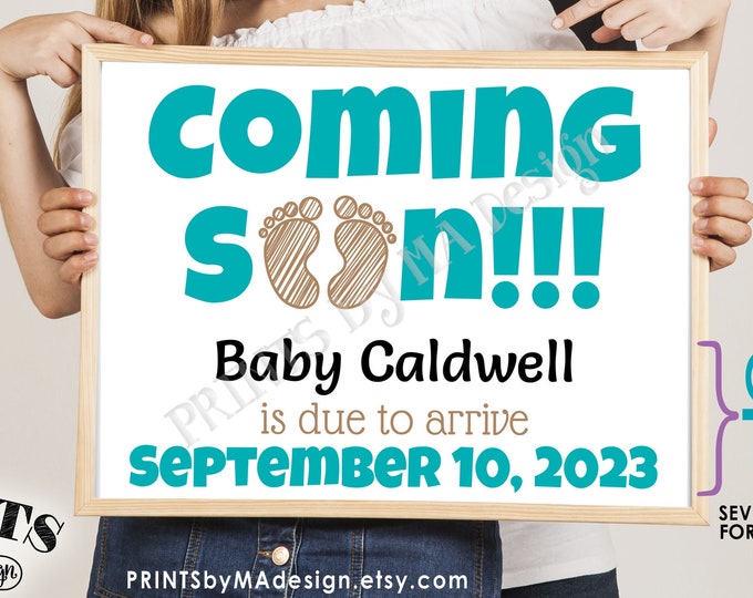 Coming Soon Pregnancy Announcement Sign, Baby Feet Footprints, Custom PRINTABLE 8x10/16x20” Baby Reveal Sign <Edit Yourself with Corjl>