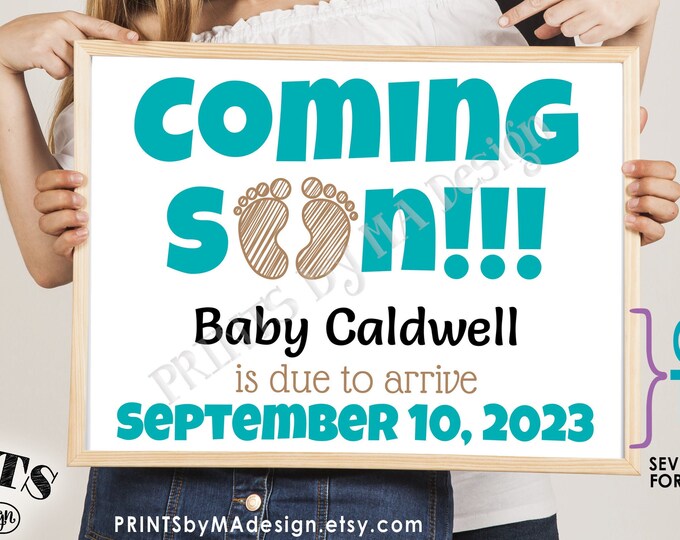 Coming Soon Pregnancy Announcement Sign, Baby Feet Footprints, Custom PRINTABLE 8x10/16x20” Baby Reveal Sign <Edit Yourself with Corjl>