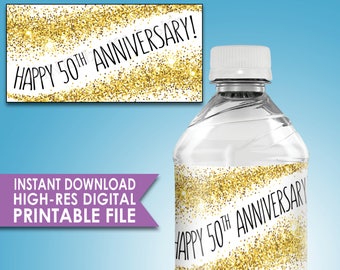 50th Anniversary Water Bottle Labels, Gold Glitter 50th Anniversary Party Decor, Five Labels per 8.5x11” Sheet, Digital PRINTABLE File <ID>