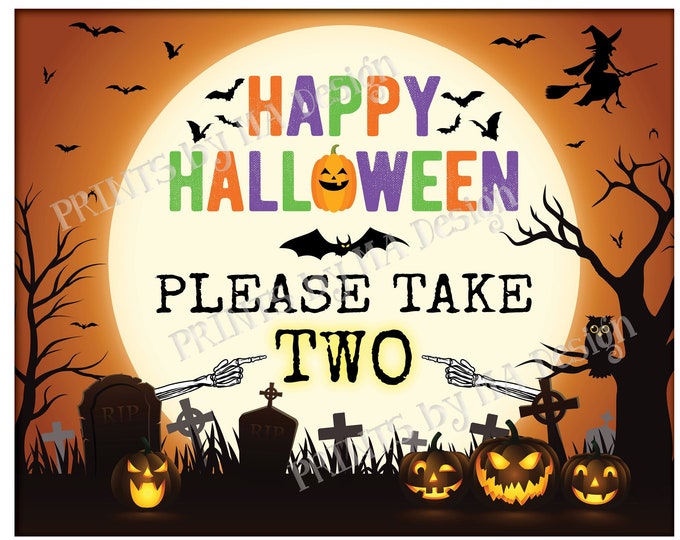 Please Take Some Candy Sign, Happy Halloween, Trick-Or-Treat, Moon Bats Pumpkins, PRINTABLE 8x10/16x20” Please Take Two Treats Sign <ID>