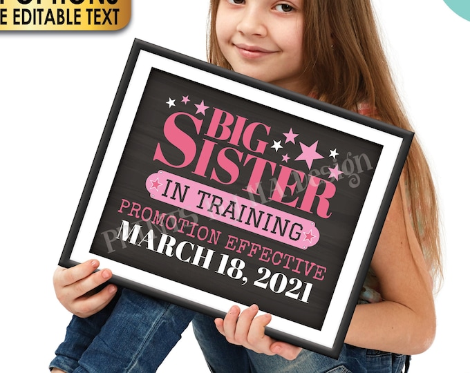 Big Sister in Training Pregnancy Announcement Sign, Custom PRINTABLE 16x20” Chalkboard Style Baby #2 Sign <Edit Yourself w/Corjl>