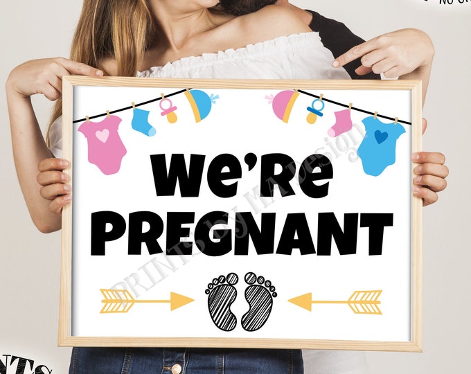 We're Pregnant Sign, Pregnancy Announcement Photo Prop, Pink & Blue, Gender Neutral PRINTABLE 8x10/16x20” Baby Reveal Sign <ID>