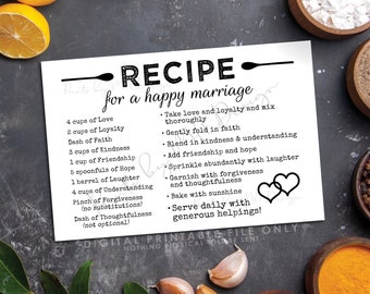 Recipe for a Happy Marriage, Bridal Shower Gift, Key to a Happy Marriage, Wedding Advice for Couple, Recipe Cards, PRINTABLE 4x6" Card <ID>