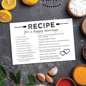 Ricetta per un matrimonio felice, regalo per l'addio al nubilato, chiave per un matrimonio felice, consigli di matrimonio per coppia, carte con ricette, carta STAMPABILE 4x6" <ID>