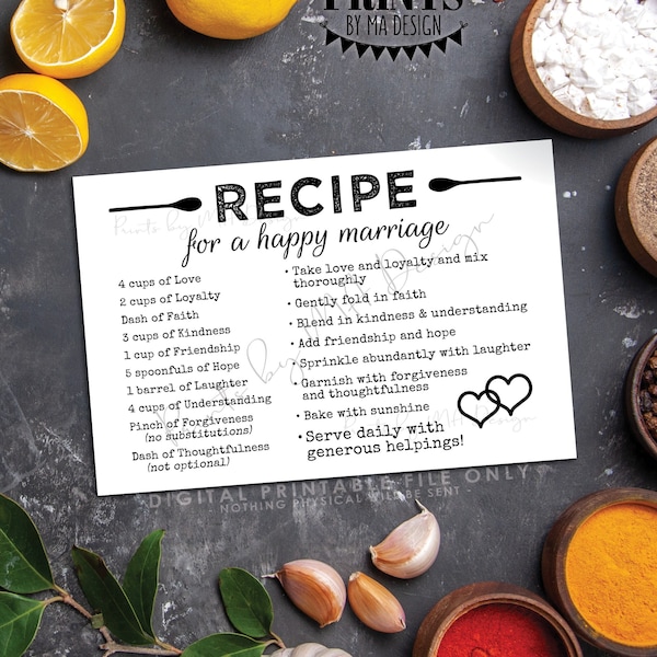 Recipe for a Happy Marriage, Bridal Shower Gift, Key to a Happy Marriage, Wedding Advice for Couple, Recipe Cards, PRINTABLE 4x6" Card <ID>