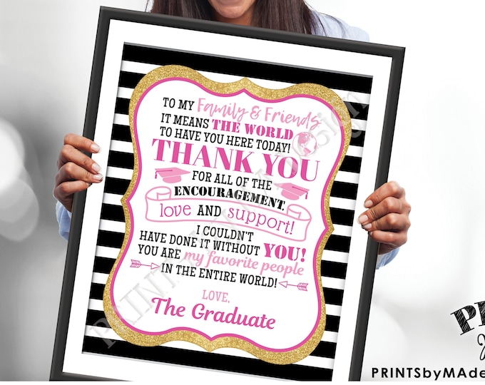 Graduation Party Thank You Sign, Thanks from the Graduate, PRINTABLE 8x10/16x20” Black /Pink/Gold Glitter Grad Decoration <ID>