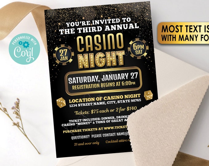 Editable Casino Night Invitation, Custom Black & Gold Template, Classy, Elegant, PRINTABLE 5x7" Invite <Edit Yourself with Corjl>