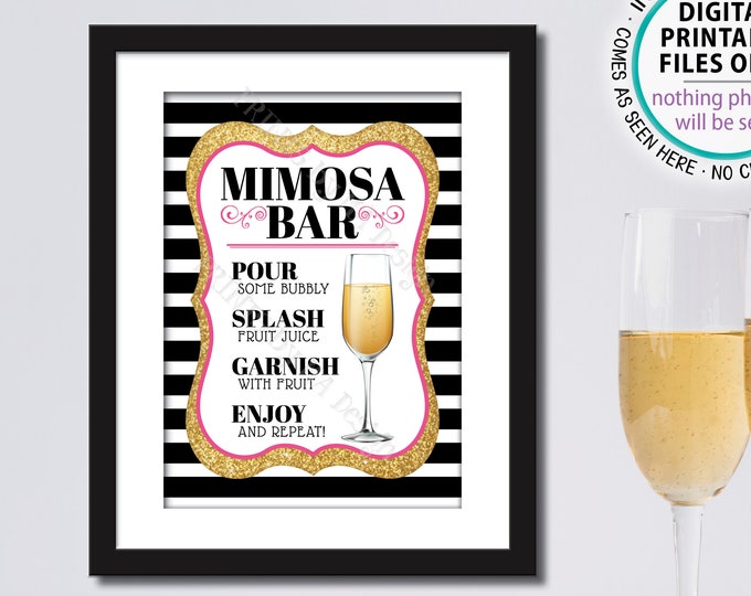 Mimosa Bar Sign, Make your own Mimosa Sign, PRINTABLE 5x7” Sign, Black Pink Gold Glitter <Instant Download>