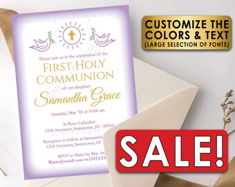 SALE! Editable First Communion Invitation, 1st Eucharist, Custom PRINTABLE 5x7" 1st Holy Communion Invite Template <Edit Yourself w/Corjl>