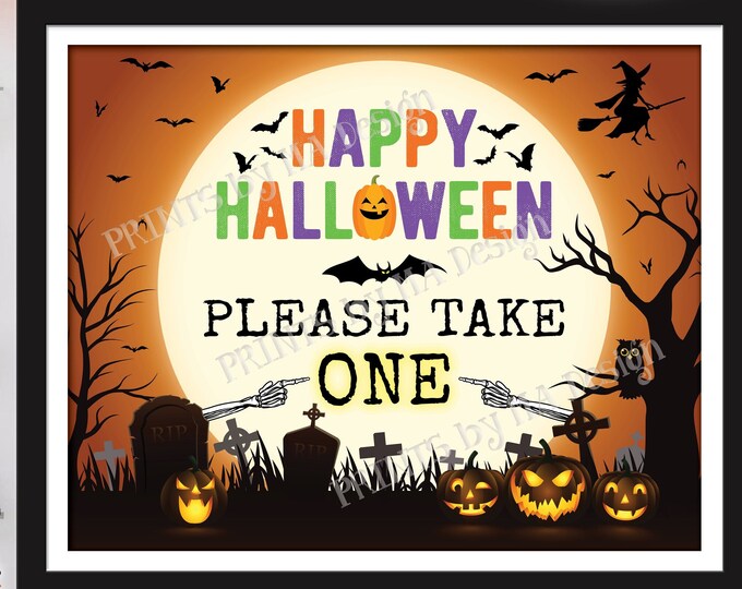 Please Take One Candy Sign, Happy Halloween Trick-Or-Treat Sign, Moon Bats Pumpkins, PRINTABLE 8x10/16x20” Please Take a Treat Sign <ID>