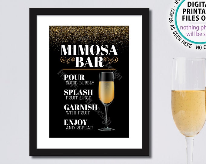 Mimosa Bar Sign, Make your own Mimosa Sign, PRINTABLE 5x7” Sign, Black & Gold Glitter <Instant Download>