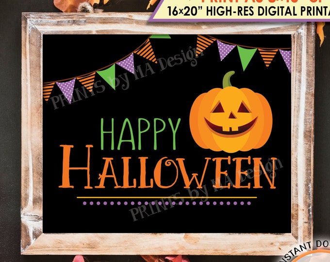 Happy Halloween Sign, Pumpkin, Jack-O-Lantern, Orange Purple Green Halloween Print, PRINTABLE 8x10/16x20” Instant Download Sign