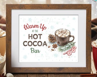 Hot Cocoa Bar Sign, Warm Up, Chocolate Bar, Snowflakes, Peppermint, Holiday Party, PRINTABLE 8x10/16x20” Watercolor Style Sign <ID>