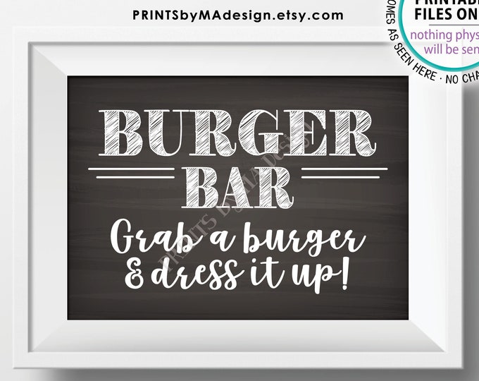 Burger Bar Sign, Grab a Burger & Dress it Up, PRINTABLE 5x7” Chalkboard Style Burger Sign <ID>