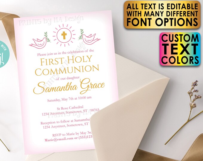 Editable First Communion Invitation, Pink Invite for Girl, Custom PRINTABLE 5x7" 1st Holy Eucharist Invite Template <Edit Yourself w/Corjl>