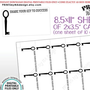 Op de afbeelding: Printbare vel met 10 kaarten met een zwart sleutel silhouet met de tekst "Share your key to success". Het vel meet 21,6 x 27,9 cm en is ontworpen om kaarten van 5,1 x 8,9 cm te printen.