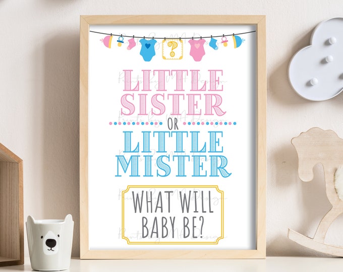 Gender Reveal Party Sign or Card, Little Mister or Little Sister, Boy or Girl, Pink or Blue Invitation, PRINTABLE 5x7” Digital File <ID>
