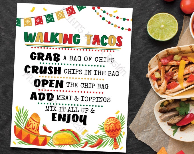 Walking Tacos Sign, Taco Bar Display, Cinco de Mayo Mexican Fiesta Menu, PRINTABLE 8x10/16x20” Fiesta Themed Sign <ID>