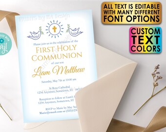 Editable First Communion Invitation, Blue Invite for a Boy, Custom PRINTABLE 5x7" 1st Holy Eucharist Invite Template <Edit Yourself w/Corjl>