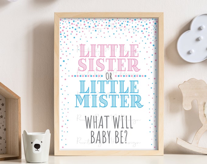 Gender Reveal Party Sign or Card, Little Sister or Little Mister, Invitation Invite, PRINTABLE 5x7” Sign, Pink & Blue Confetti <ID>