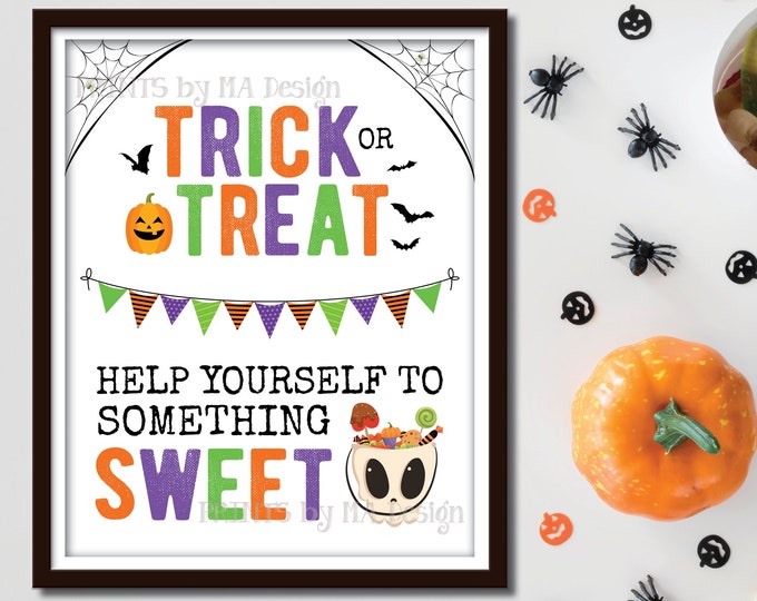Trick or Treat Help Yourself to Something Sweet Treat Sign, Please Take Halloween Candy, Skull Bucket, PRINTABLE 8.5x11” Sign <ID>