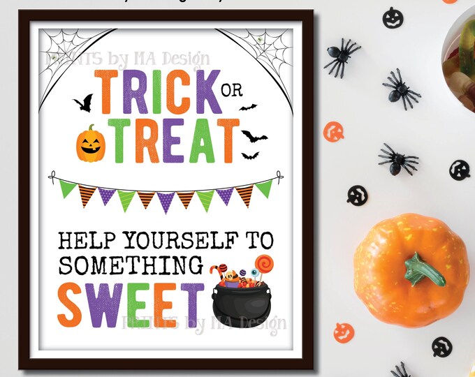 Trick or Treat Help Yourself to Something Sweet Treat Sign, Please Take Halloween Candy, Cauldron Bucket, PRINTABLE 8.5x11” Sign <ID>