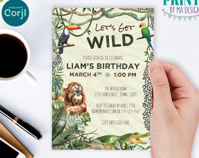 Editable Jungle Invitation, Safari Birthday Party Animals, Custom PRINTABLE 5x7" Watercolor Style Digital File <Edit Yourself with Corjl>