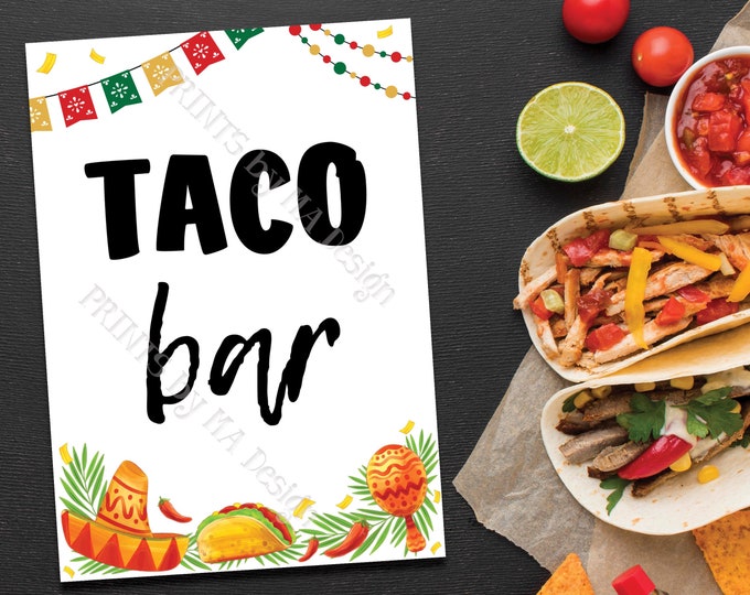 Taco Bar Sign, Mexican Fiesta Menu, Nacho Decor, 5x7” Fiesta Themed PRINTABLE Sign, Wedding Shower Birthday Graduation Party <ID>