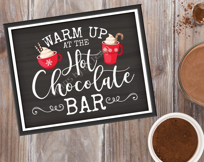 Warm Up at the Hot Chocolate Bar Sign, Holiday Party Hot Cocoa, Red Mugs, Snowflakes, PRINTABLE 8x10/16x20” Chalkboard Style Sign <ID>