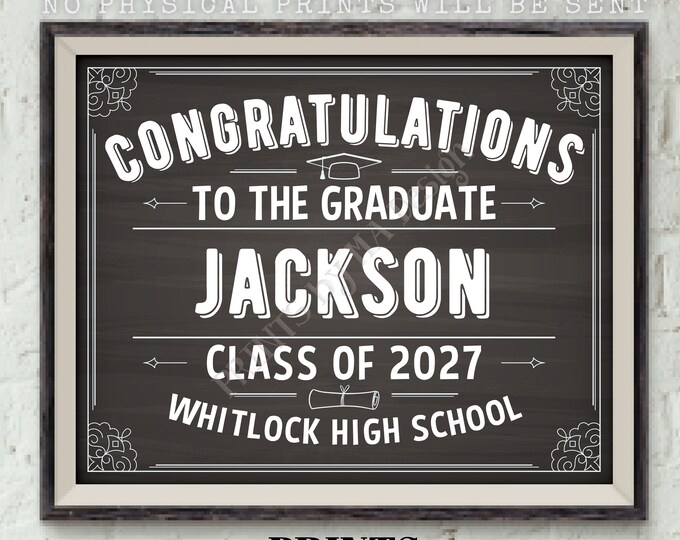 Graduation Party Decoration, Custom Grad Name Class Year and School, Custom PRINTABLE 16x20” Chalkboard Style Grad Party Poster with Border