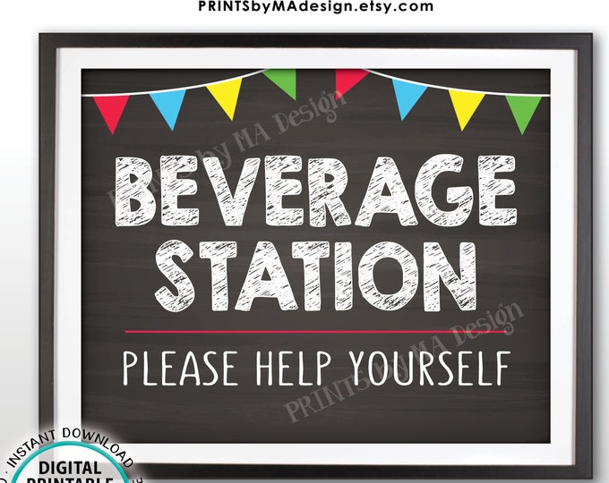 Beverage Station Sign, Please Help Yourself to a Drink, PRINTABLE 8x10” Chalkboard Style Landscape Beverage Sign with Flags <ID>