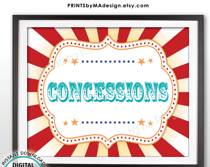 Carnival Party Concessions Sign, Concession Stand Sign, Circus Party, Food Snacks Treats Candy, Drinks, Teal PRINTABLE 8x10/16x20” Sign <ID>