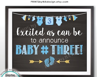 Baby Number 3 Pregnancy Announcement Sign, It's a BOY Gender Reveal, 3rd Baby #3, Blue PRINTABLE 8x10/16x20” Chalkboard Style Sign <ID>