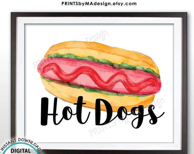 Hot Dogs Sign, Barbeque Cook Out, PRINTABLE 8x10” Watercolor Style Hot Dog Sign <ID>