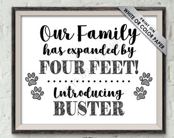 Introducing Our New Pet Sign, Our Family has Expanded by Four Feet, Puppy Dog Kitten Cat, Pet Reveal, PRINTABLE 8x10/16x20” Pet Arrival Sign