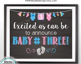 Baby Number 3 Pregnancy Announcement, PRINTABLE 8x10/16x20” Chalkboard Style Baby #3 Reveal Sign, 3rd Baby, Expecting Our Third Child <ID>