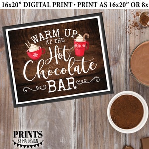 Warm Up at the Hot Chocolate Bar Sign, Holiday Party Hot Cocoa, Red Mugs, Snowflakes, PRINTABLE 8x10/16x20” Rustic Wood Style Sign <ID>